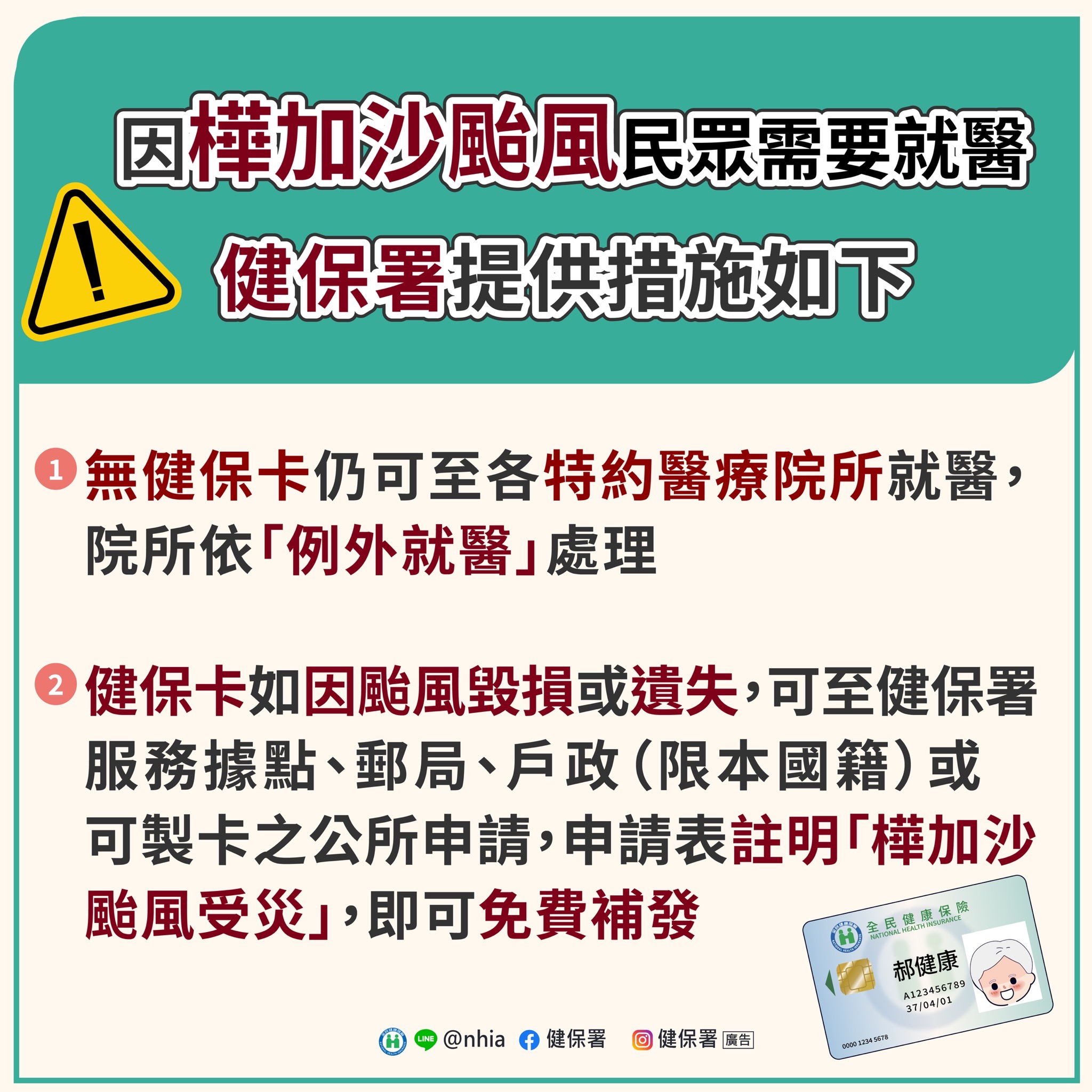 因樺加沙颱風民眾需要就醫健保署提供措施如下